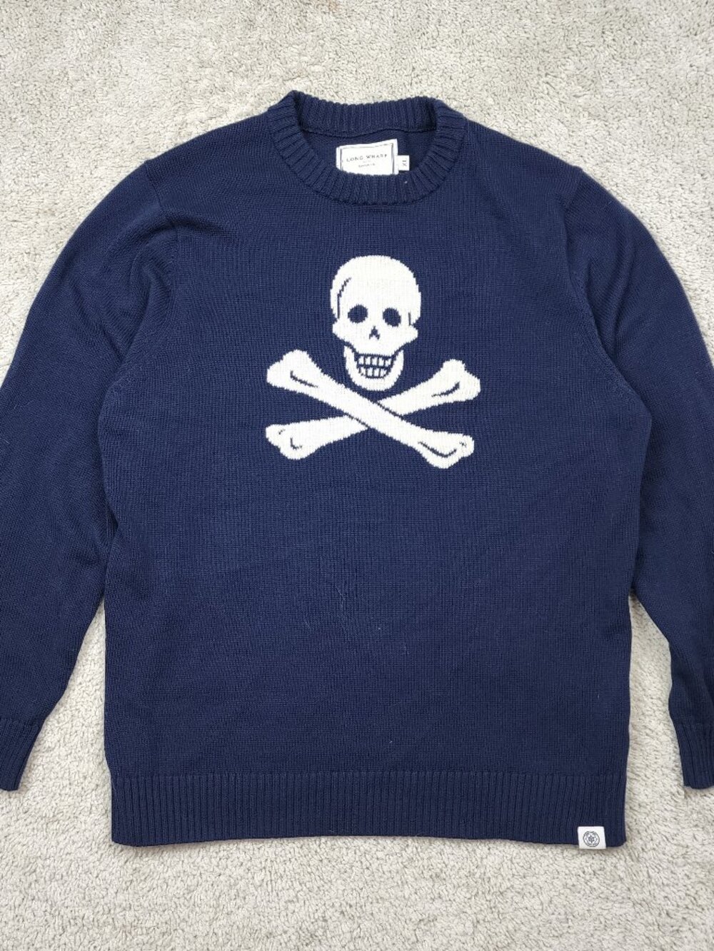 Long Wharf Supply Co Sweater Mens XL Navy Blue Skull Crossbones Crewneck Knit